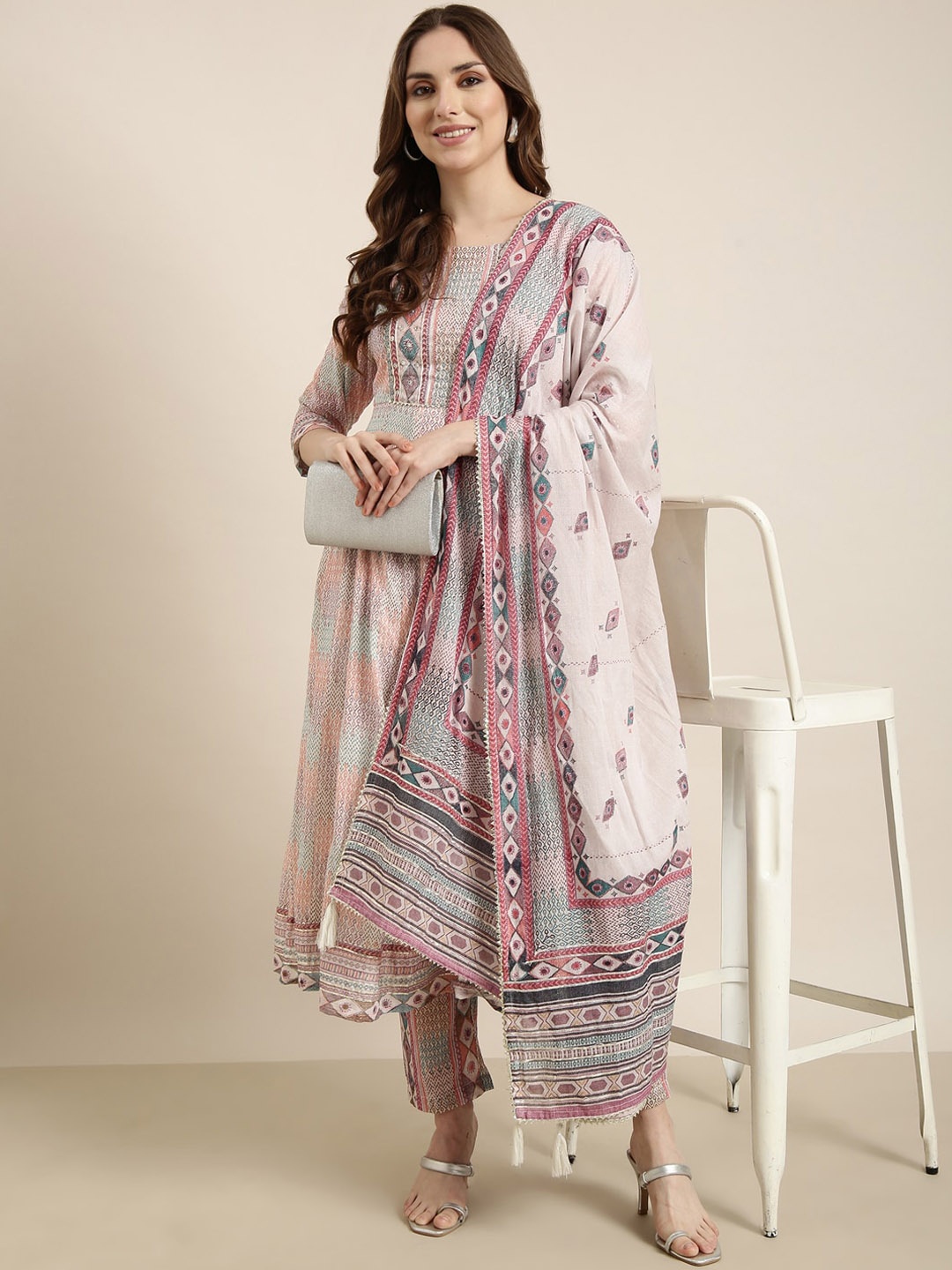 

SHOWOFF Geometric Printed Empire Gotta Patti Kurta With Trouser & Dupatta, Beige