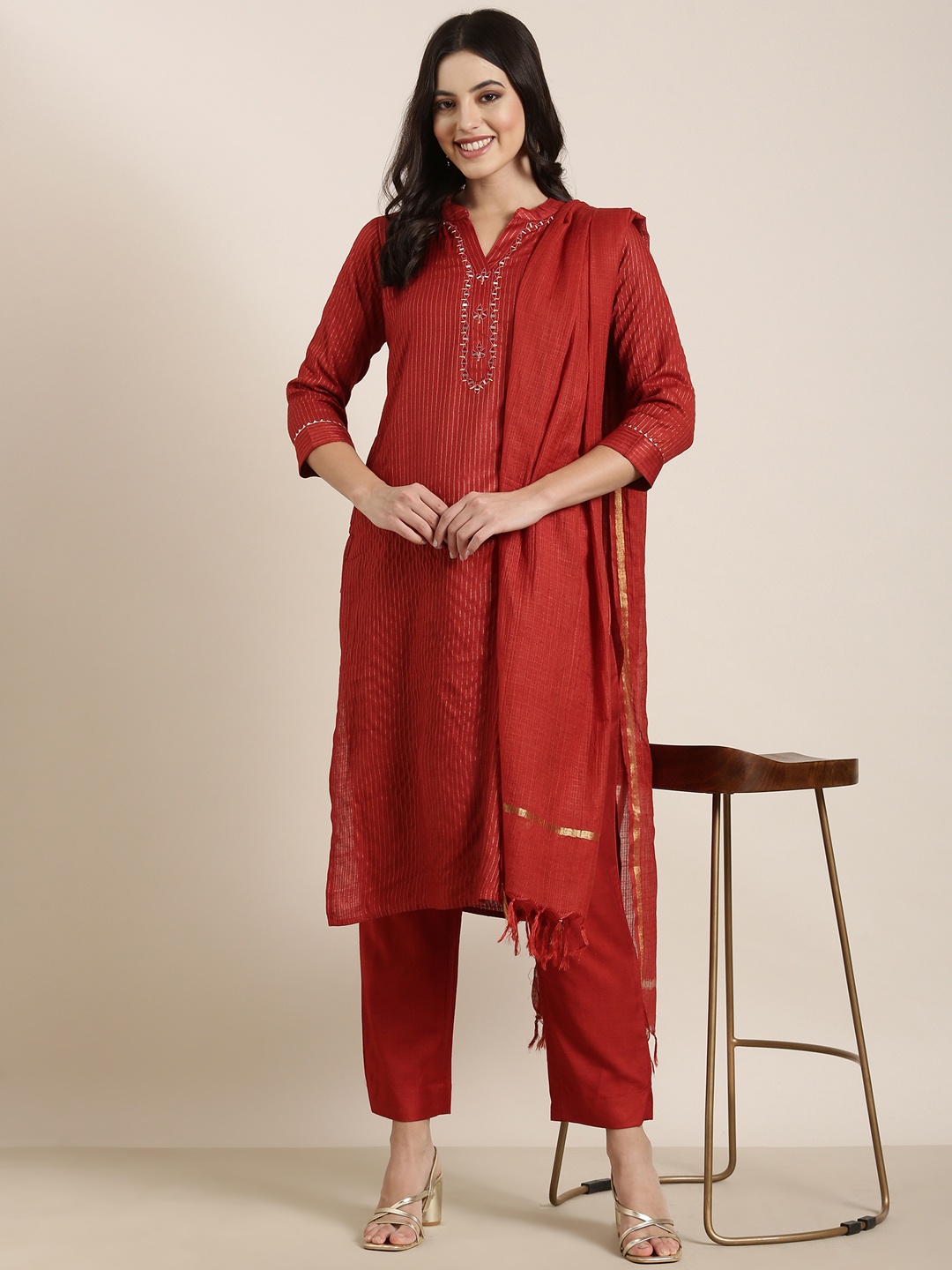 

SHOWOFF Striped Mandarin Collar Gotta Patti Straight Kurta With Trousers & Dupatta, Red