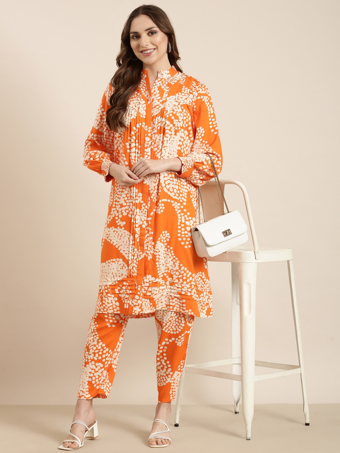 

SHOWOFF Printed Empire A-Line Pleated Kurta with Trousers, Orange