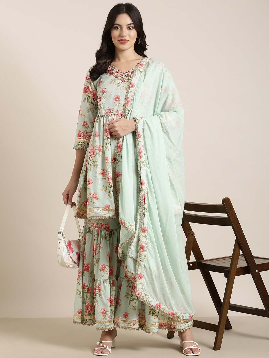 

SHOWOFF Floral Printed Empire Mirror Work Kurti with Sharara & Dupatta, Sea green