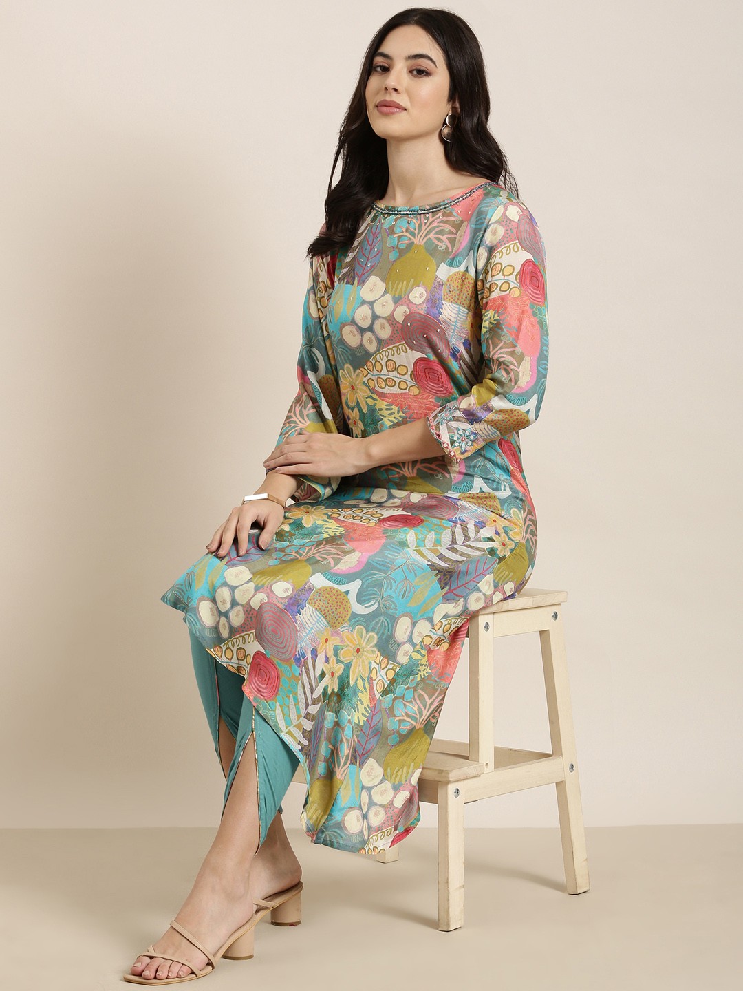 

SHOWOFF Printed Regular Beads and Stones Kurta with Dhoti Pants, Turquoise blue