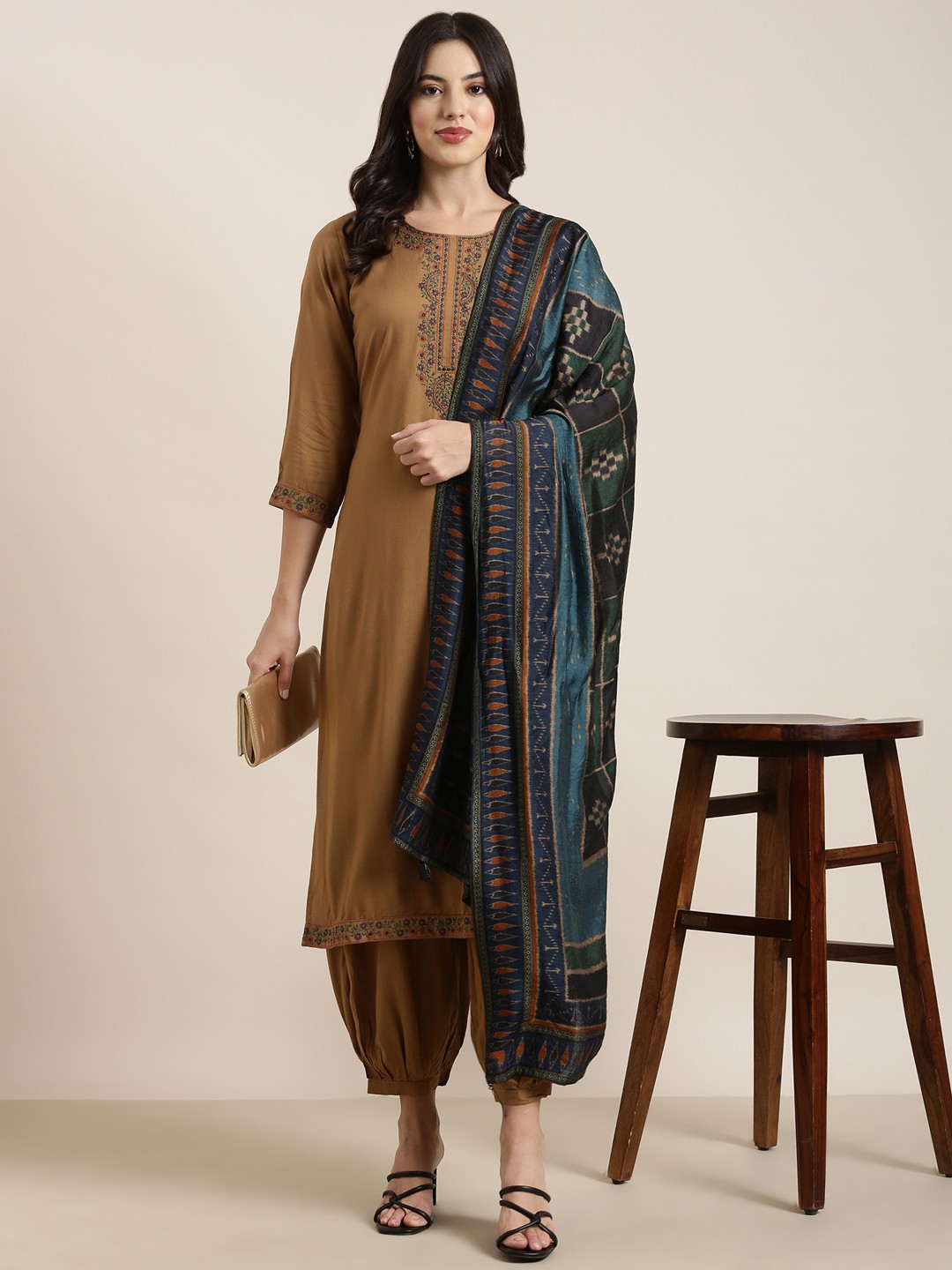 

SHOWOFF Floral Embroidered Round Neck Thread Work Straight Kurta With Patiala & Dupatta, Brown