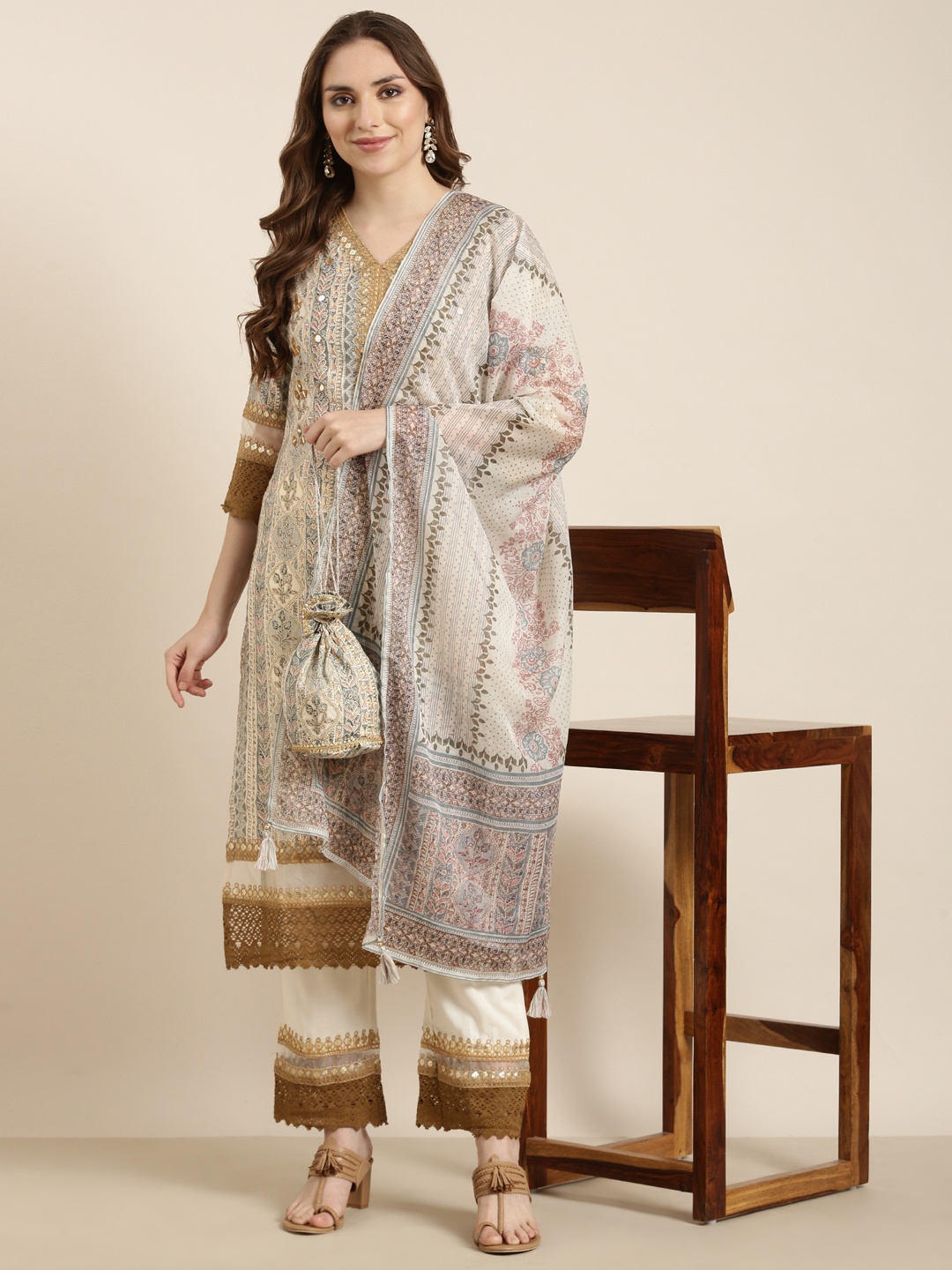 

SHOWOFF Floral Printed Regular Mirror Work Kurta With Trousers & Dupatta, Beige