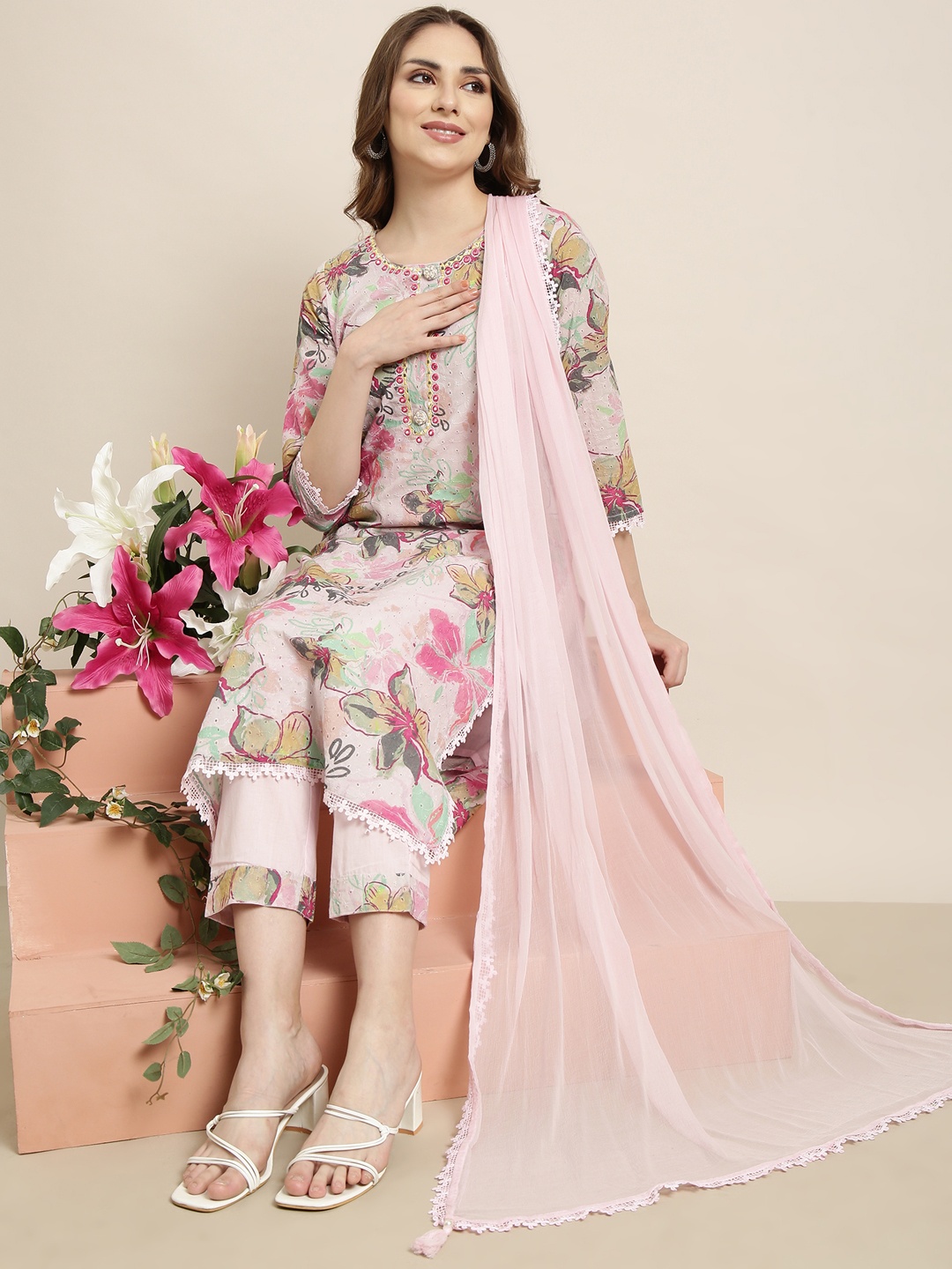 

SHOWOFF Printed Regular Mirror Work Kurta with Trousers & With Dupatta, Pink