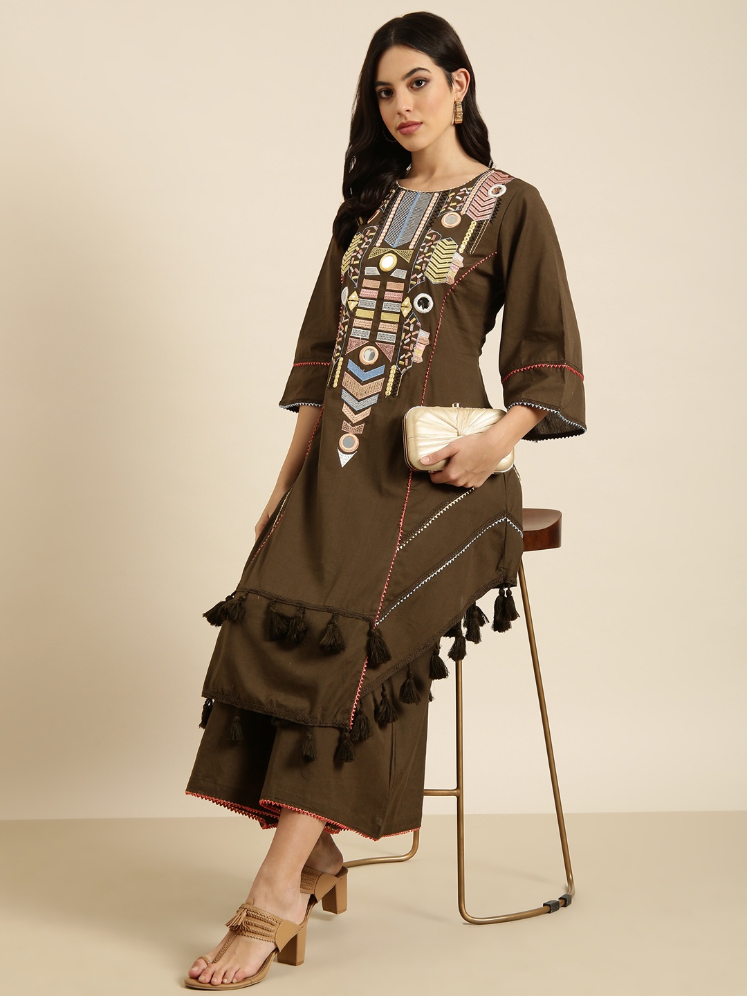 

SHOWOFF Embroidered Regular Mirror Work A Line Kurta With Palazzos, Olive
