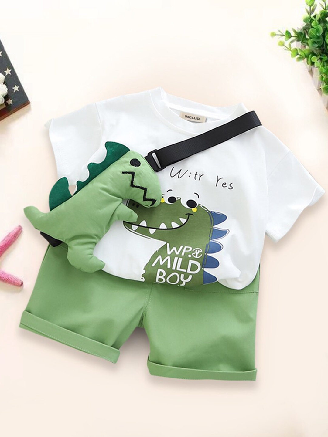 

INCLUD Boys Printed Pure Cotton T-shirt With Shorts, Green