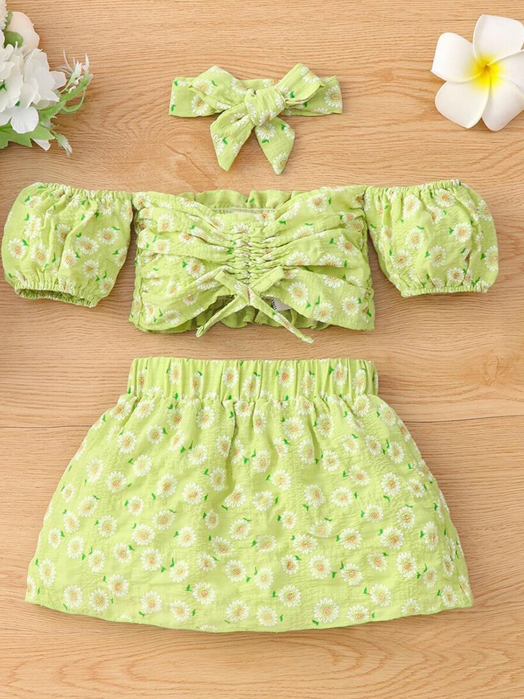 

INCLUD Girls Printed Off-Shoulder Top With Skirt And Headband, Green