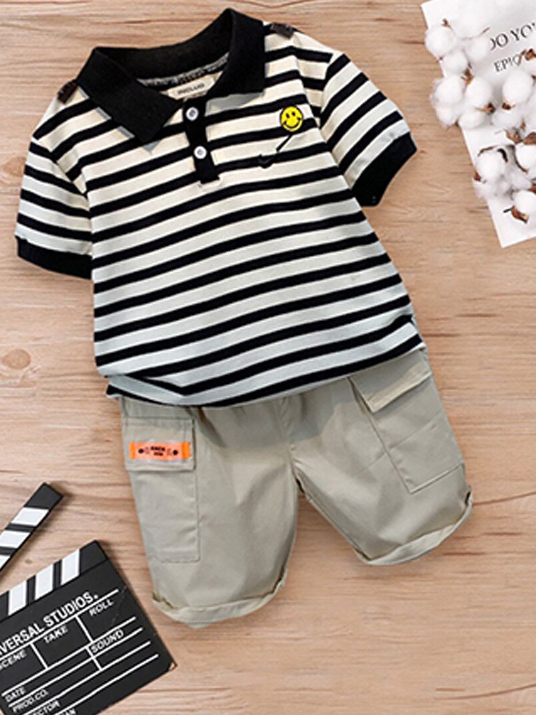 

INCLUD Boys Striped Pure Cotton T-shirt With Shorts, Black