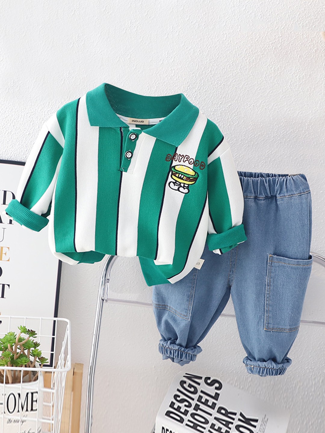 

INCLUD Boys Striped T-shirt with Trousers, Green