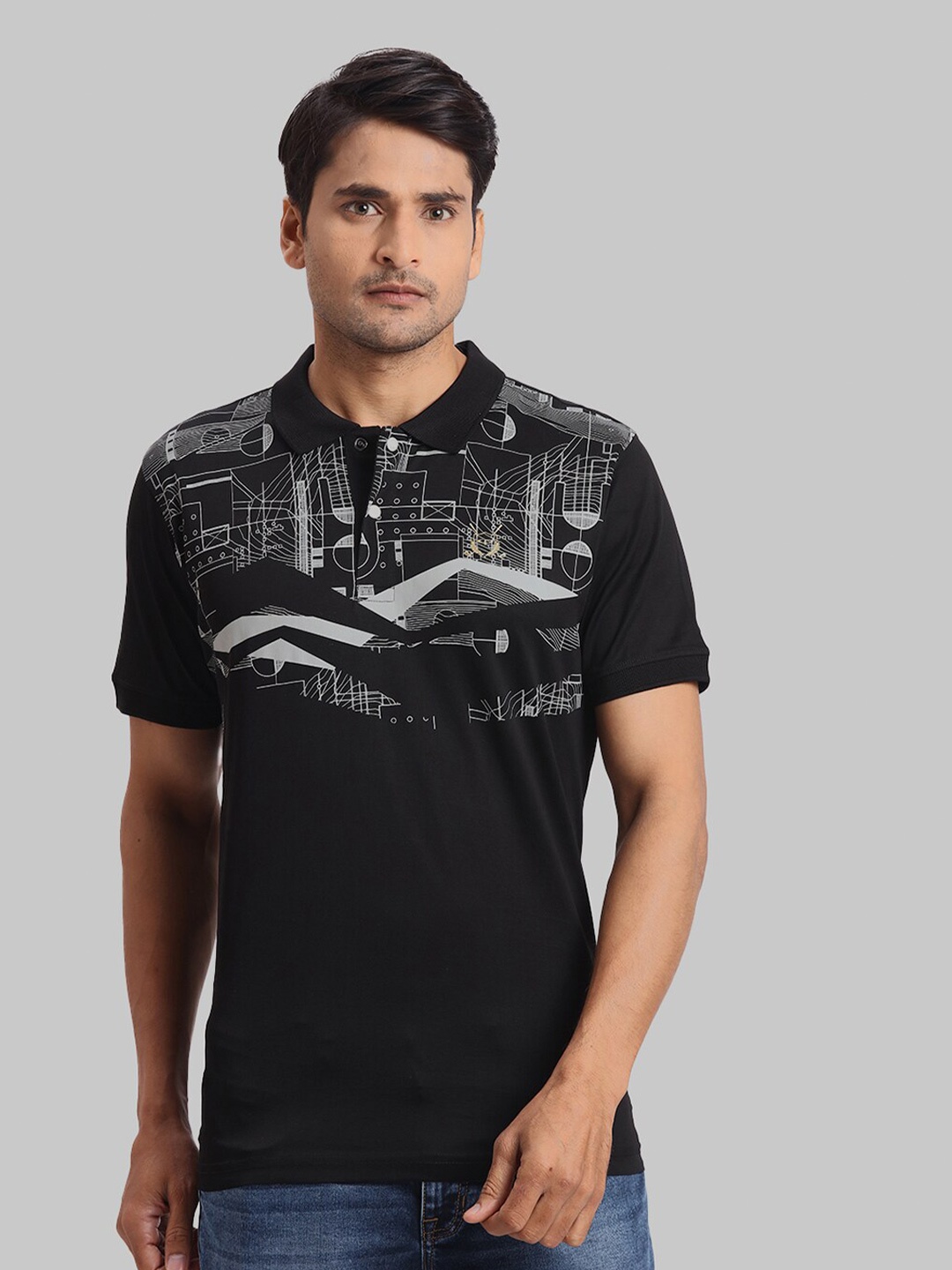 

ColorPlus Printed Polo Collar Short Sleeves Regular Fit Cotton T-shirt, Black