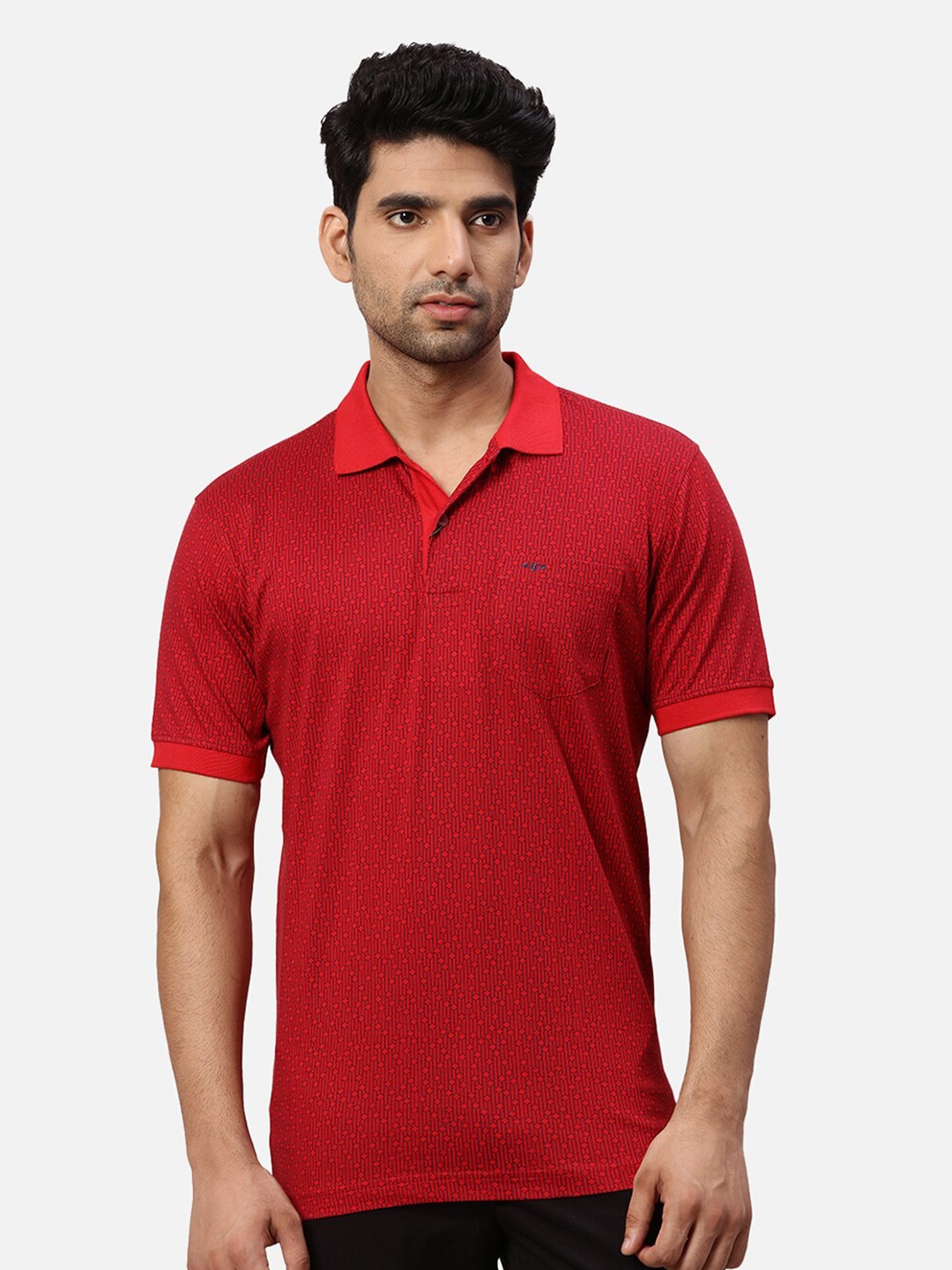 

ColorPlus Geometric Printed Cotton Polo Collar Pockets T-shirt, Red