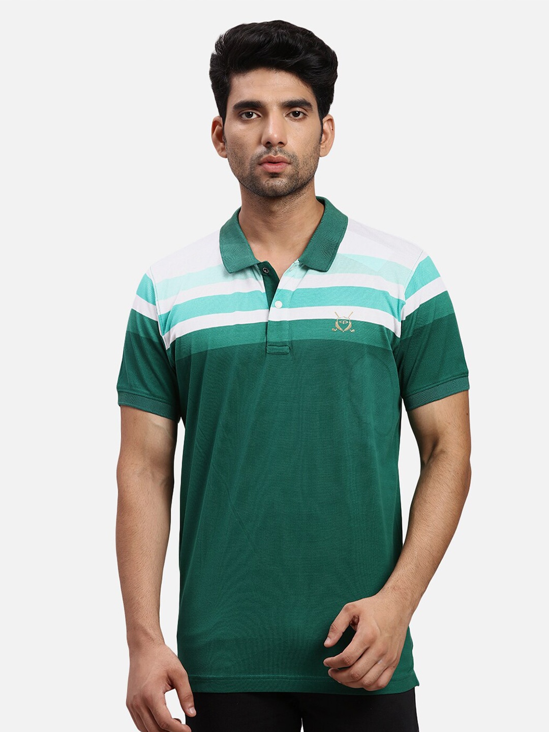 

ColorPlus Colourblocked Cotton Polo Collar Short Sleeves Applique T-shirt, Green