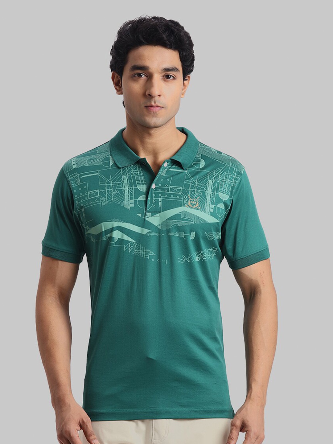

ColorPlus Abstract Printed Cotton Polo Collar Short Sleeves Pockets T-shirt, Green