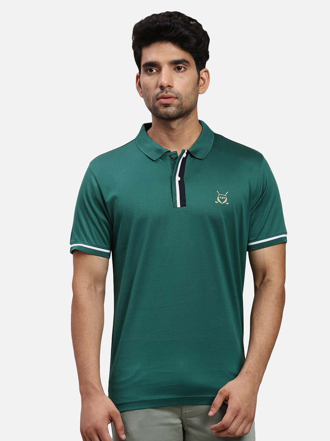 

ColorPlus Cotton Polo Collar Short Sleeves Regular Fit Applique T-shirt, Green