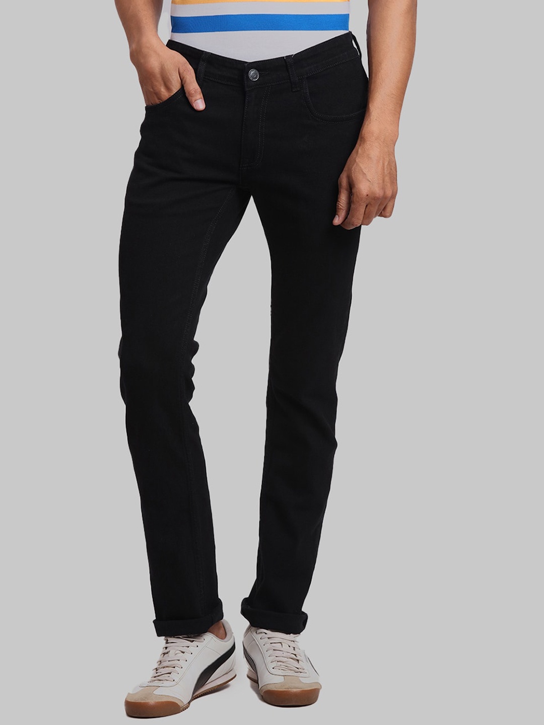 

ColorPlus Men Tapered Fit Clean Look Stretchable Jeans, Black