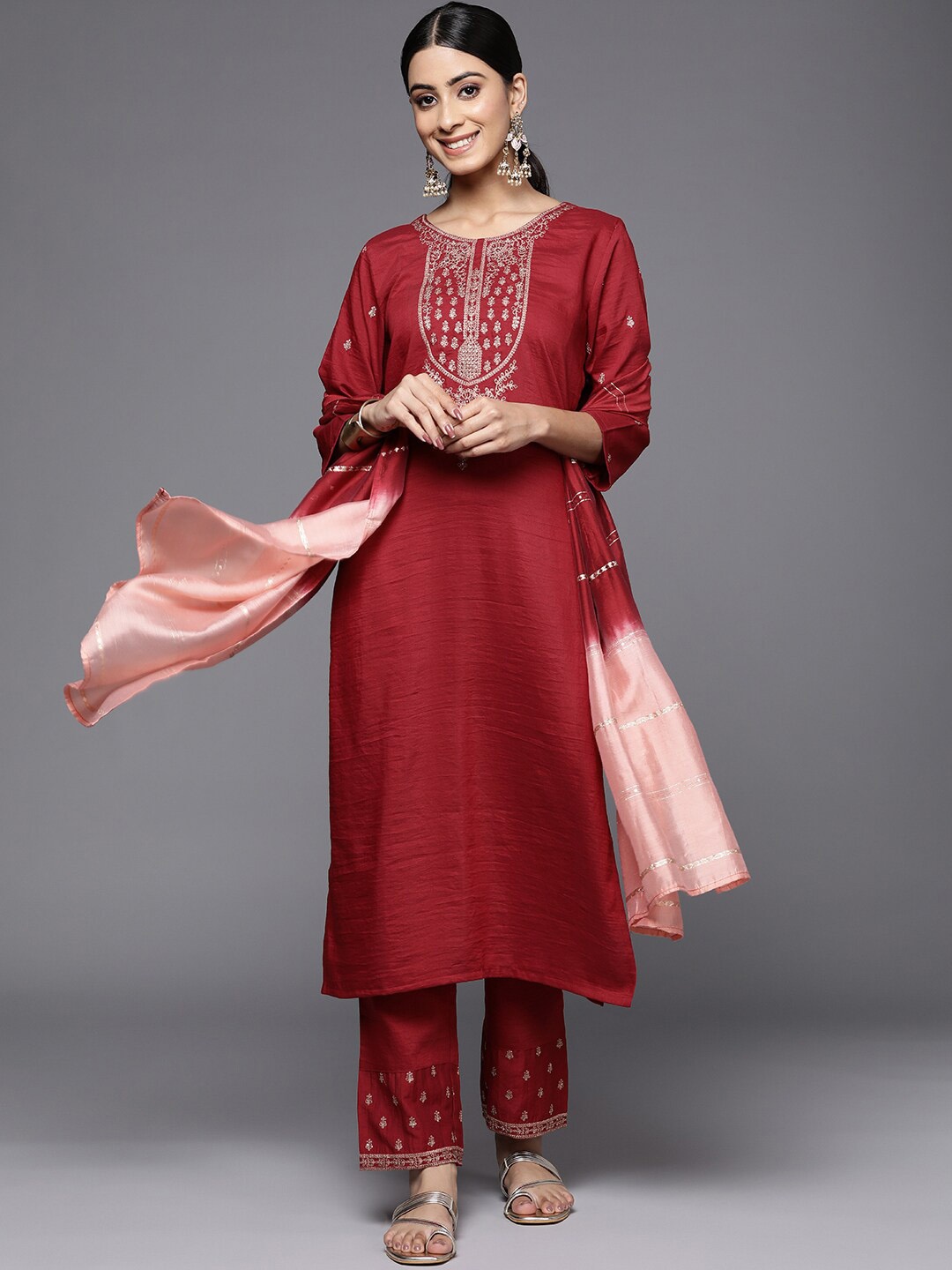 

KALINI Ethnic Motifs Embroidered Regular Kurta with Trousers & Dupatta, Maroon