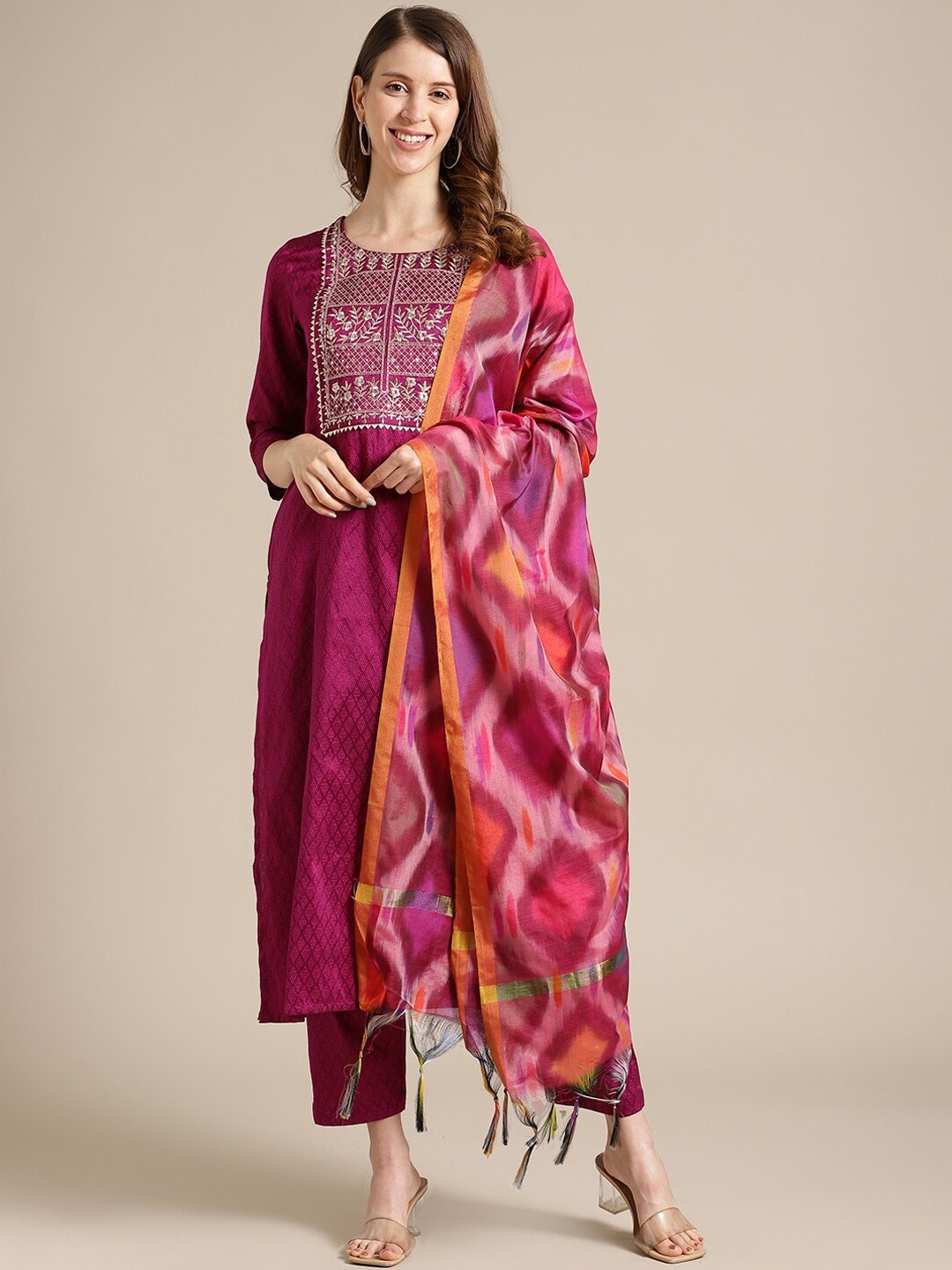 

KALINI Ethnic Motifs Yoke Design Regular Thread Work Kurta with Trousers & Dupatta, Magenta