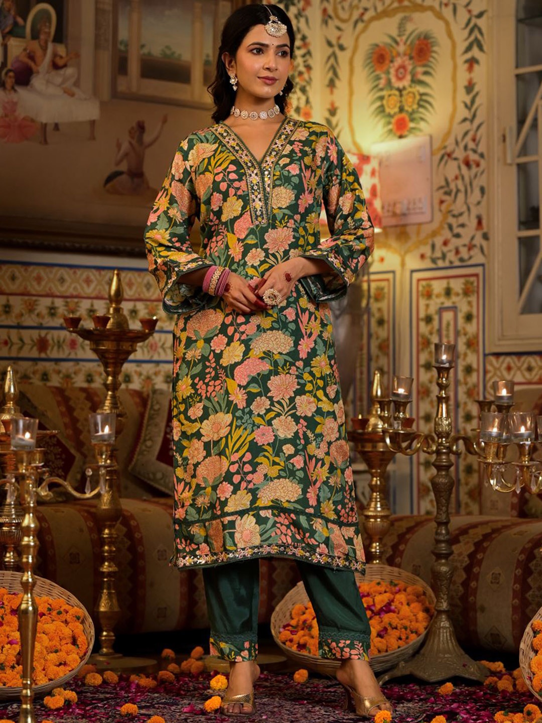 

KALINI Floral Printed Regular Mirror Work Pure Silk Kurta with Trousers & With Dupatta, Green