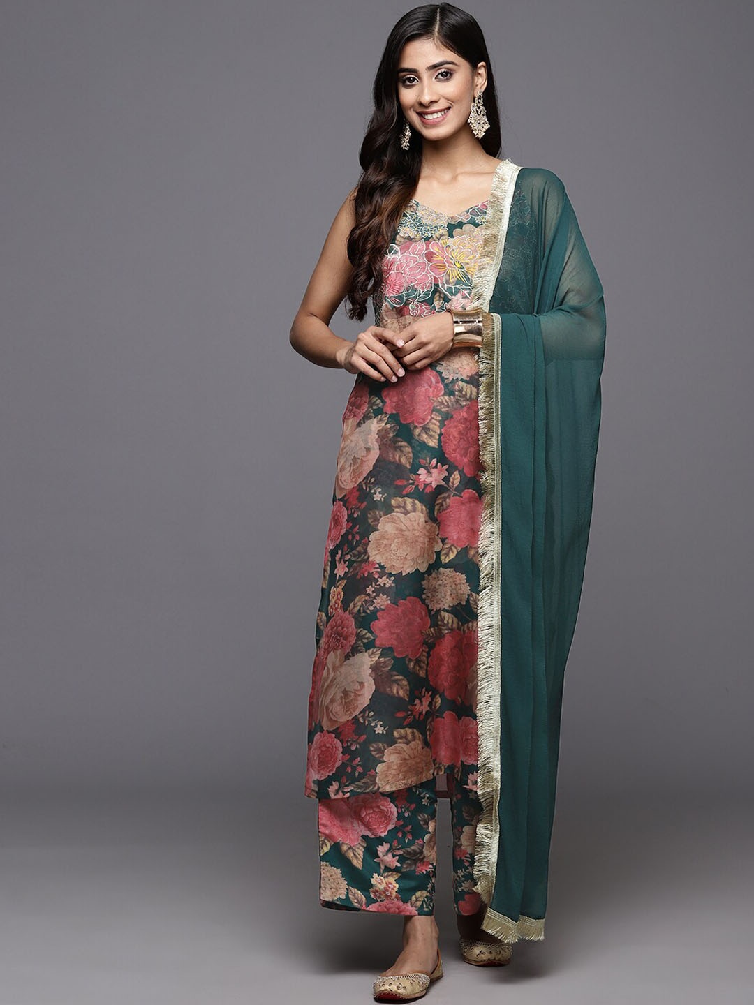 

KALINI Floral Printed V-Neck Sleeveless Regular Kurta with Trousers & Dupatta, Green