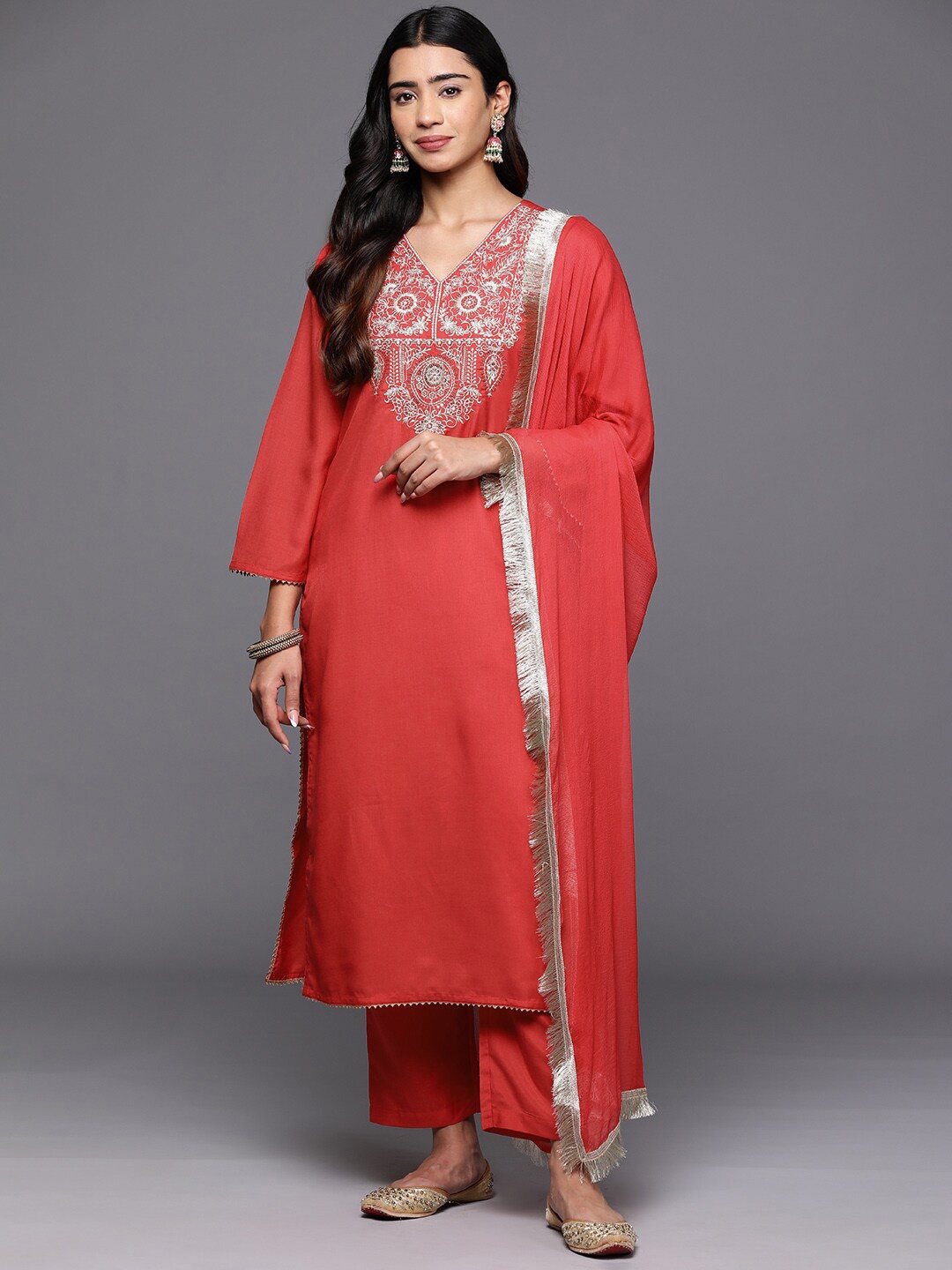 

KALINI Ethnic Motifs Yoke Design Regular Kurta with Trousers & Dupatta, Red