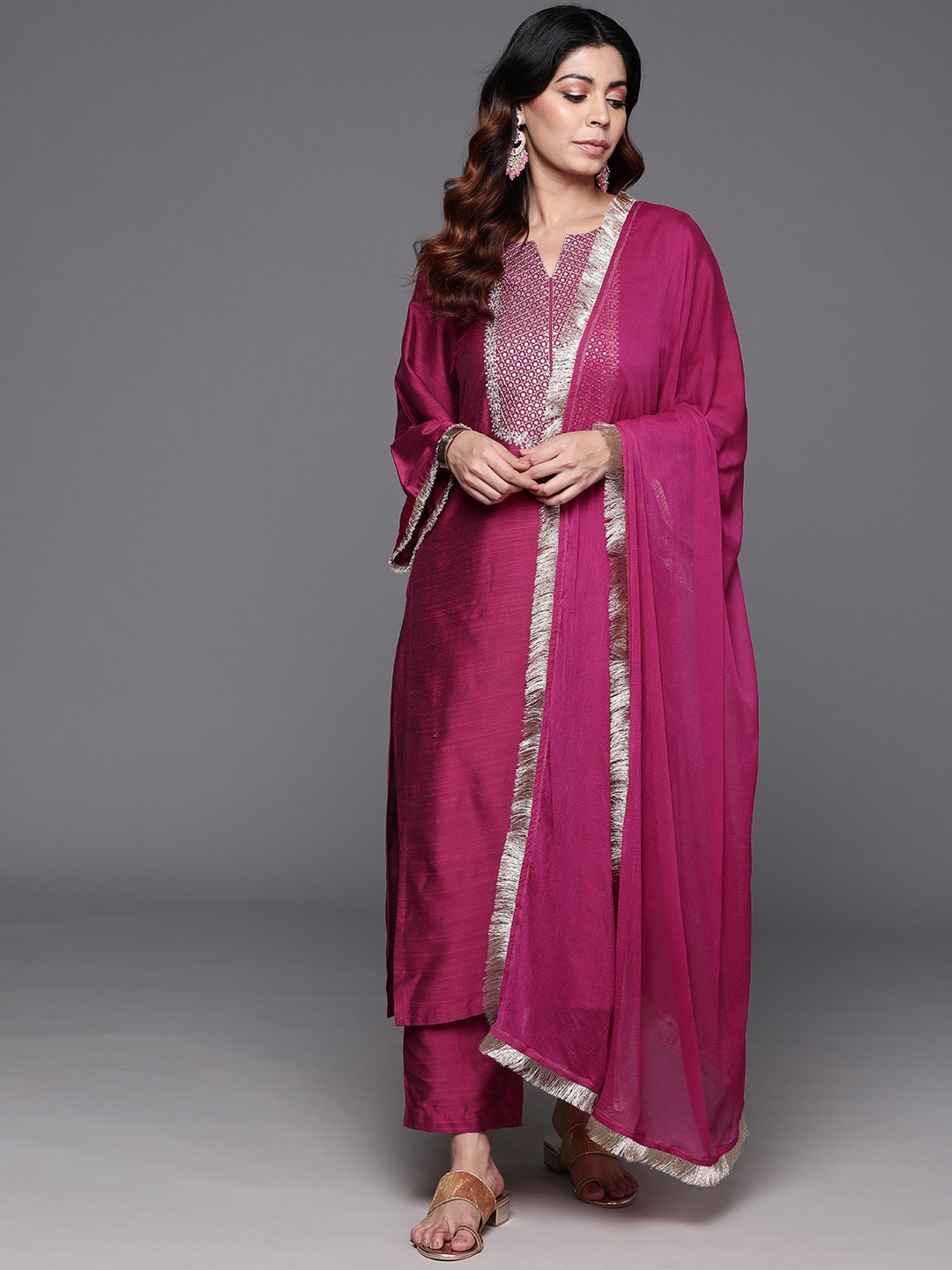 

KALINI Floral Yoke Design Regular Kurta with Trousers & Dupatta, Pink