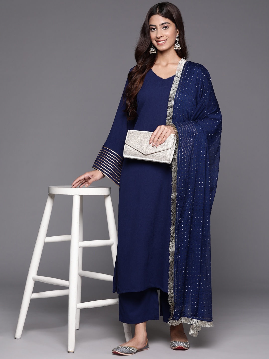 

KALINI Regular Gotta Patti Kurta With Trousers & Dupatta, Navy blue