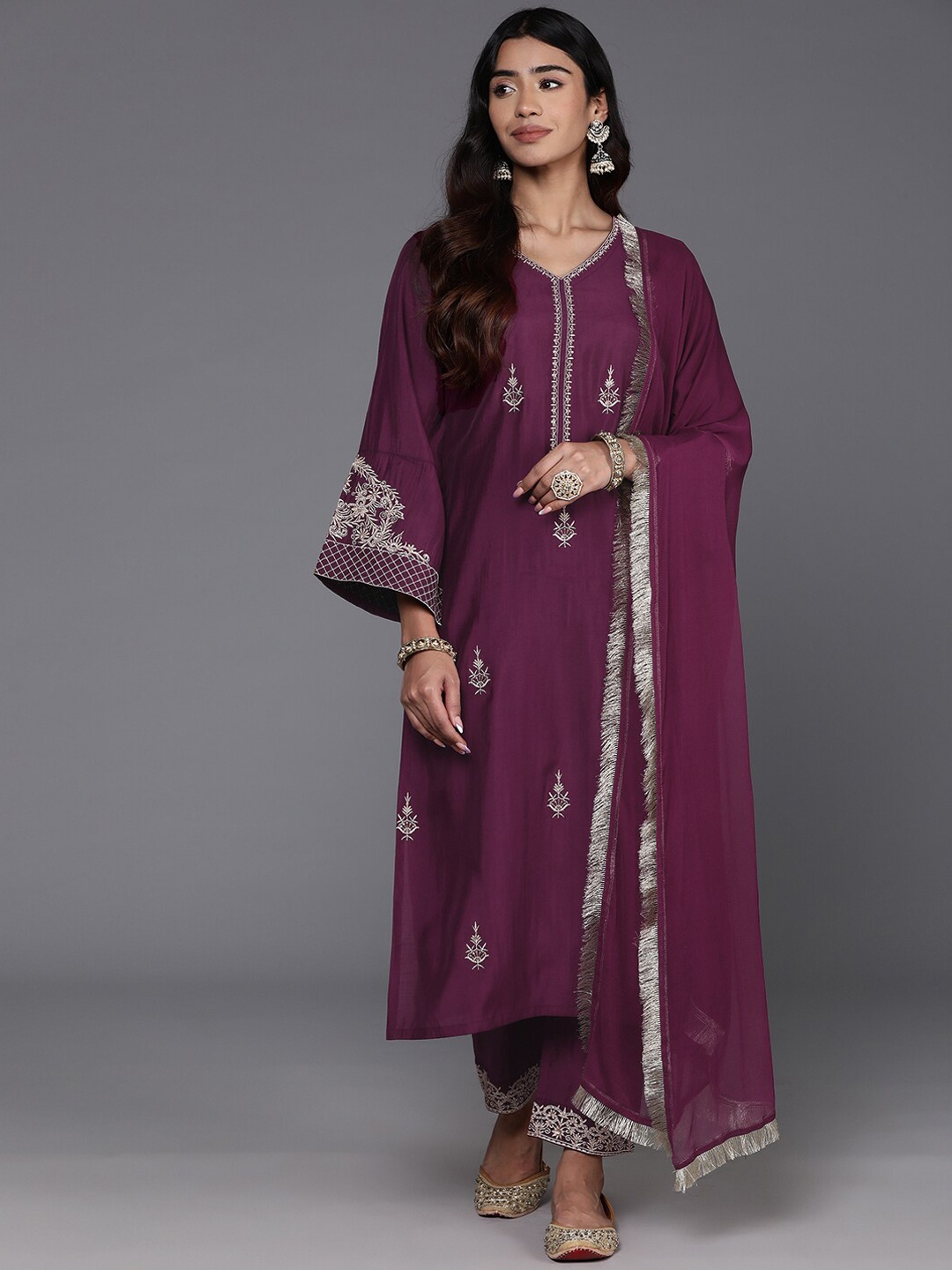 

KALINI Ethnic Motifs Zari Embroidered V-Neck Straight Kurta with Trousers & With Dupatta, Magenta