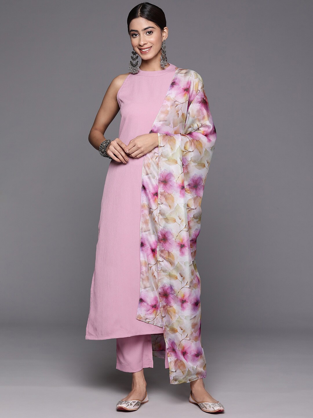

KALINI Regular Silk Crepe Sleeveless Straight Kurta With Trousers & Dupatta, Pink