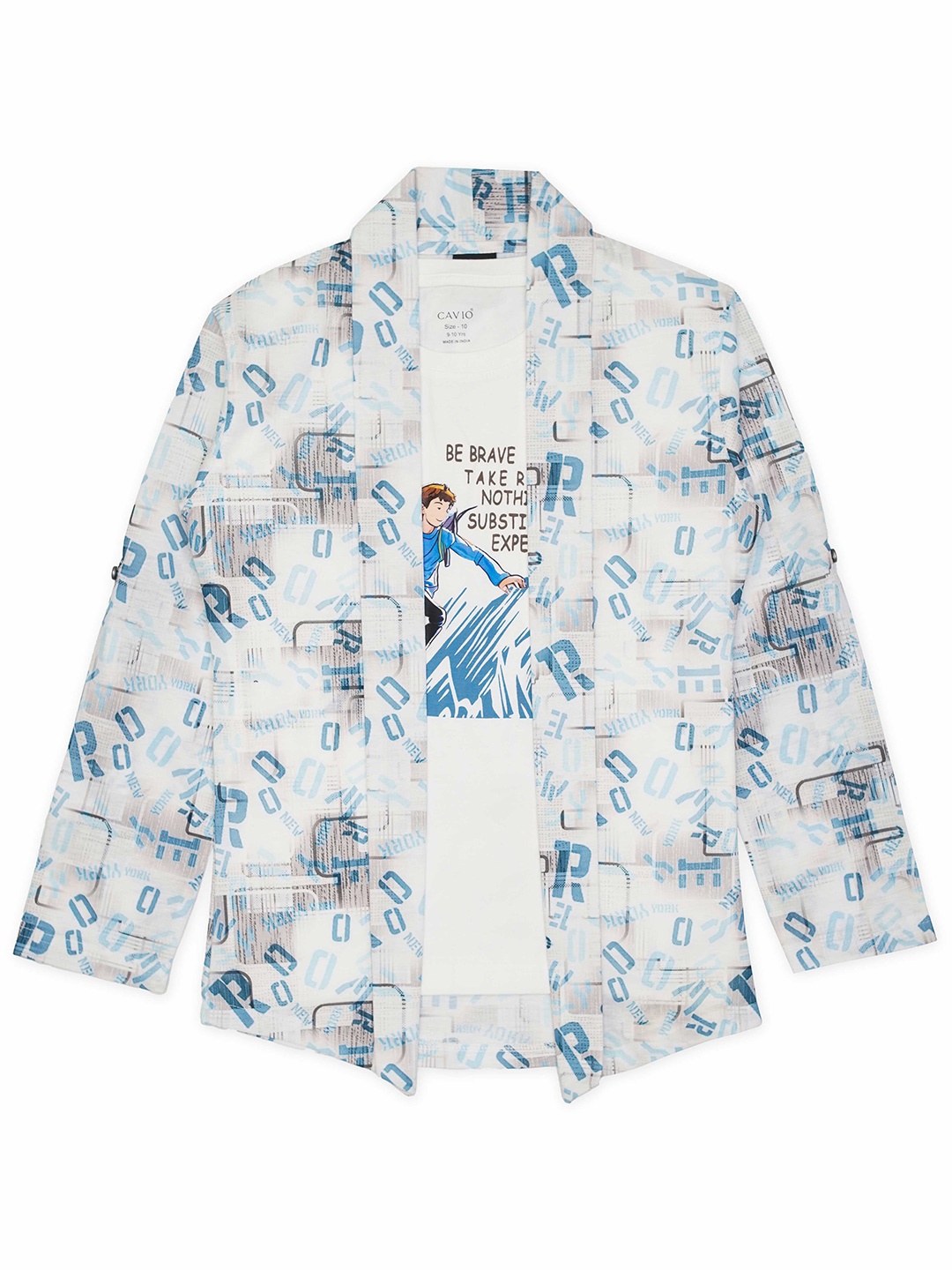 

CAVIO Boys Round Neck Long Sleeves Typographic Printed Pure Cotton T-shirt with Shrug, Blue