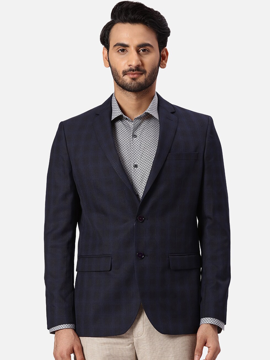 

Park Avenue Checked Slim-Fit Single Breasted Formal Blazer, Blue