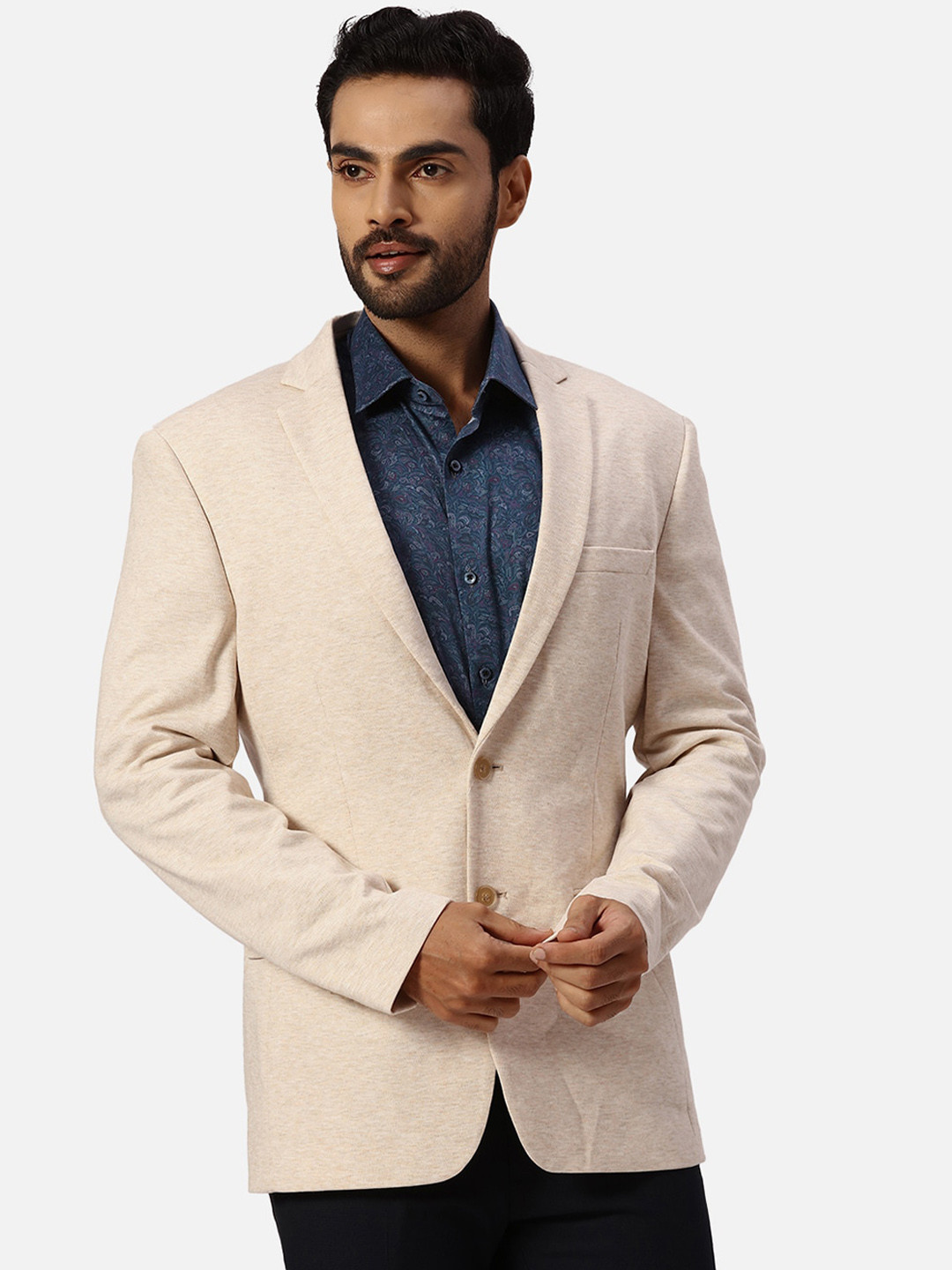 

Park Avenue Self Design Super Slim-Fit Single Breasted Formal Blazer, Beige