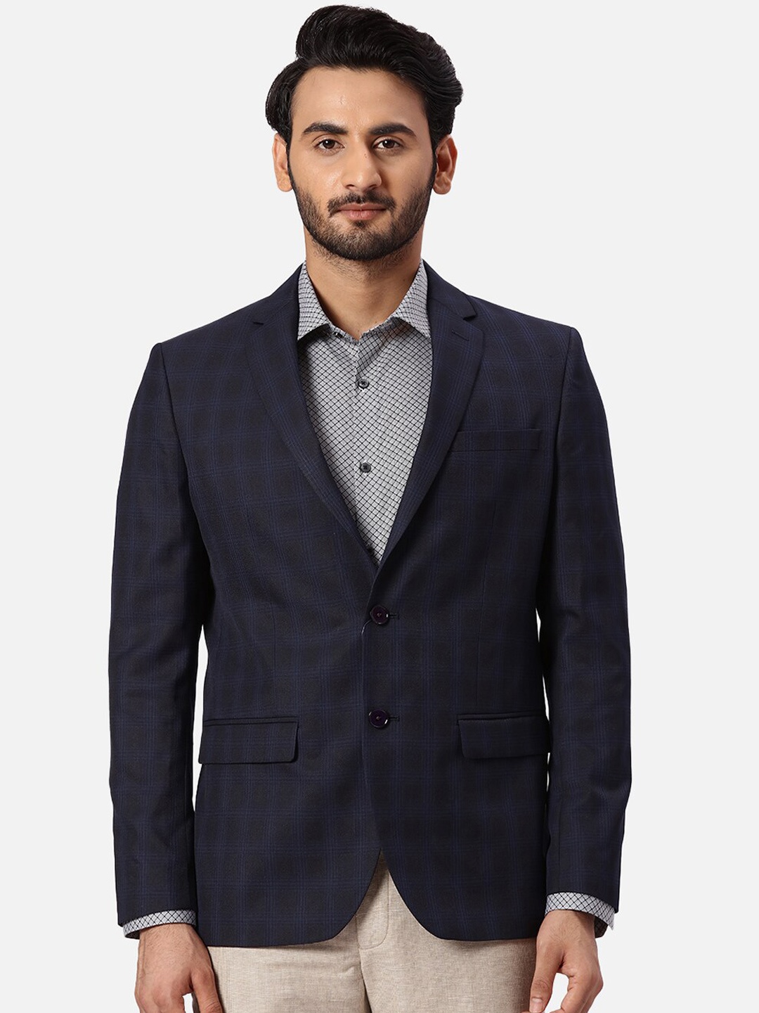 

Park Avenue Checked Notched Lapel Collar Slim Fit Single Breasted Formal Blazer, Blue