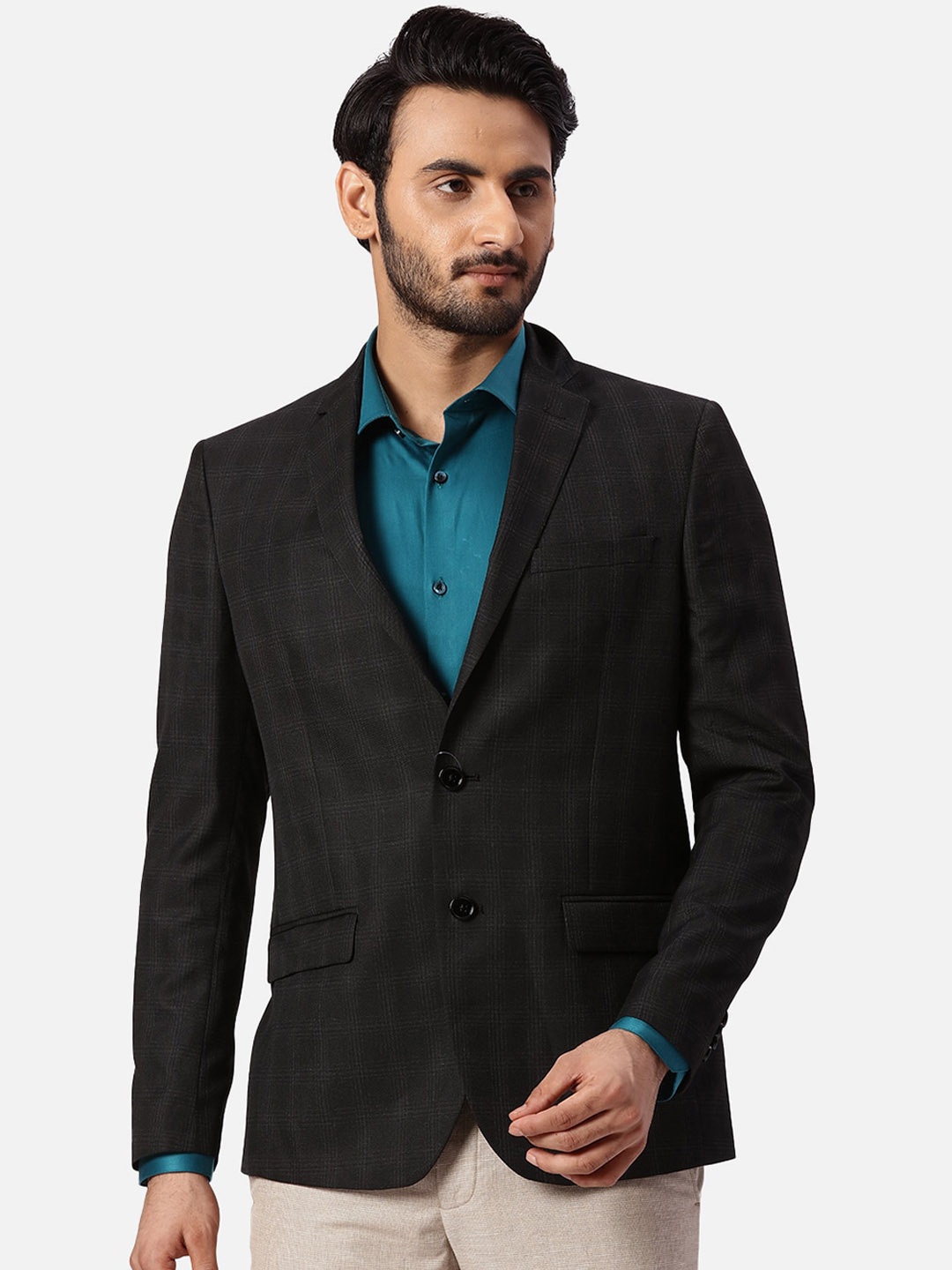 

Park Avenue Checked Notched Lapel Slim-Fit Single Breasted Formal Blazer, Black