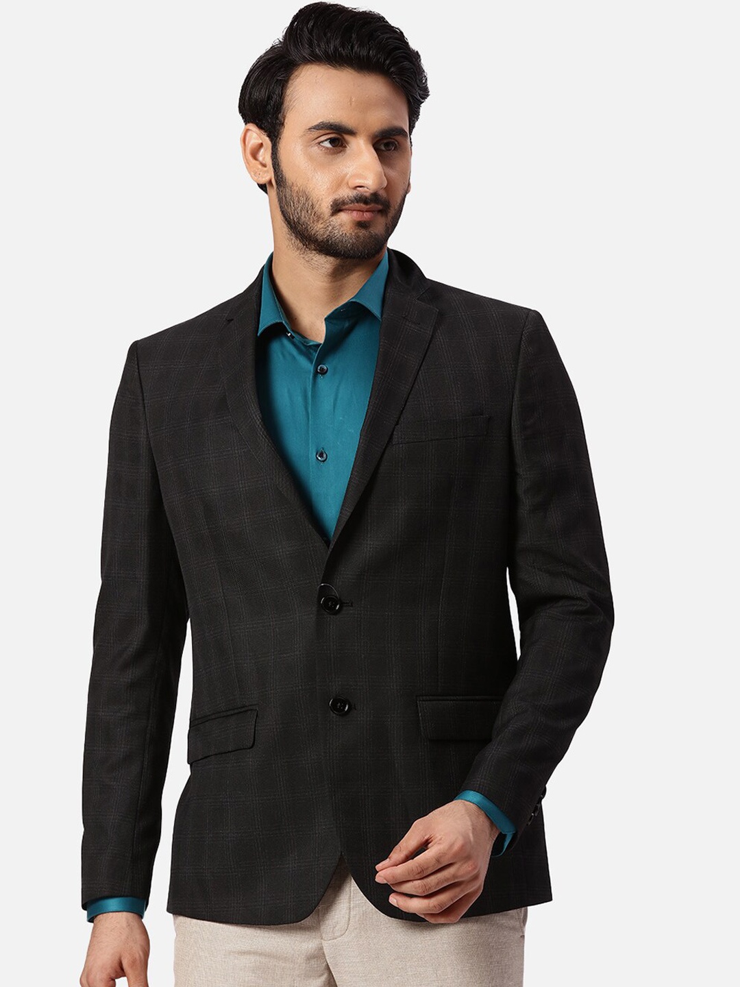 

Park Avenue Checked Slim-Fit Notched Lapel Single Breasted Formal Blazer, Black
