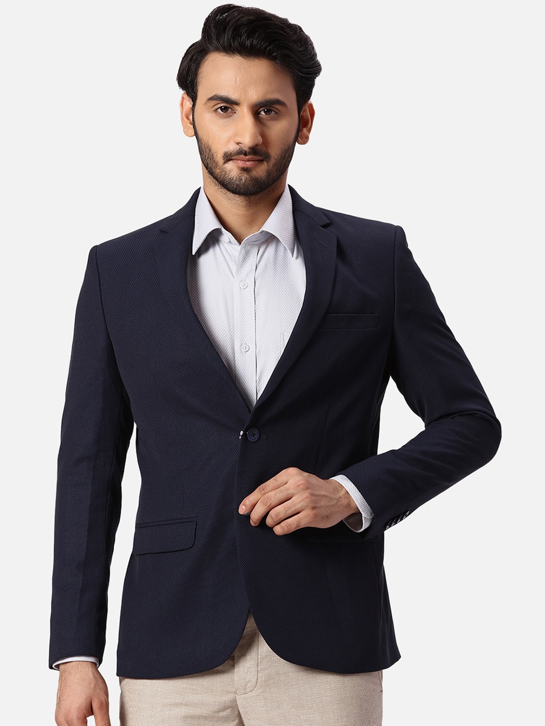 

Park Avenue Self Design Slim Fit Single Breasted Formal Blazer, Blue