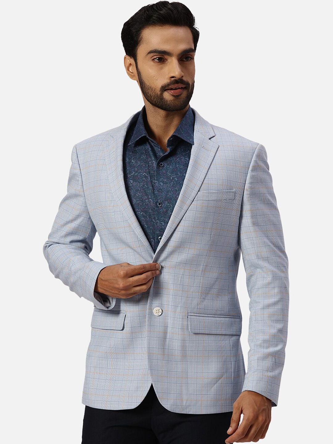 

Park Avenue Checked Notched Lapel Slim-Fit Single Breasted Formal Blazer, Blue