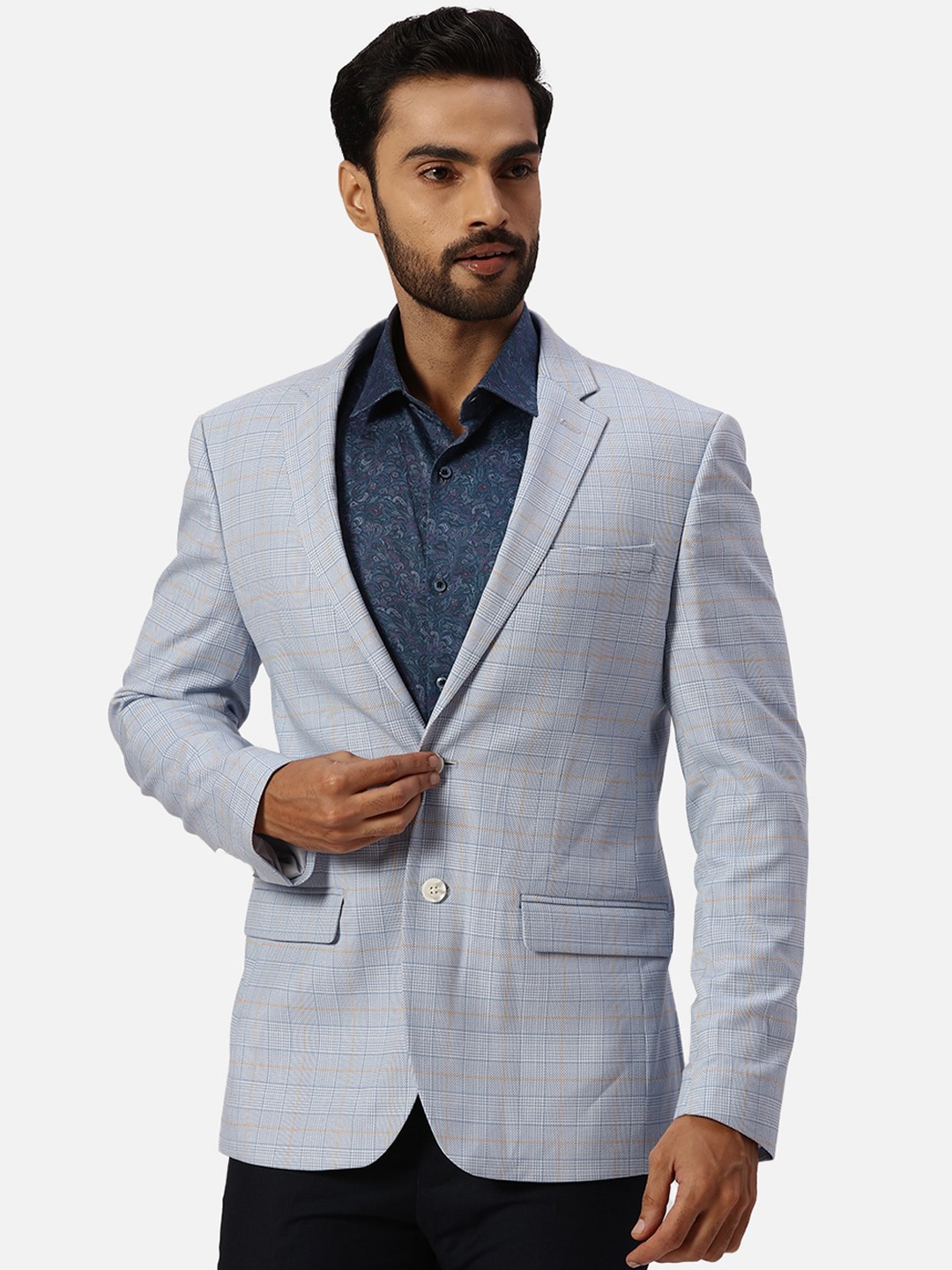 

Park Avenue Checked Slim-Fit Single Breasted Formal Blazer, Blue