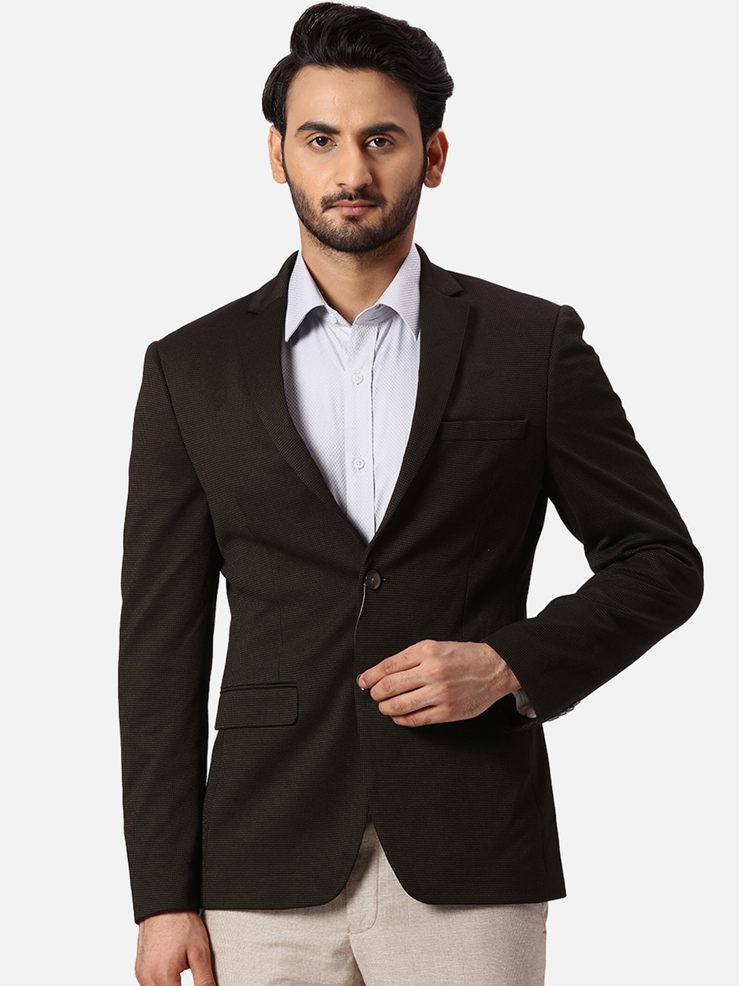 

Park Avenue Self Design Super Slim-Fit Single Breasted Formal Blazer, Brown