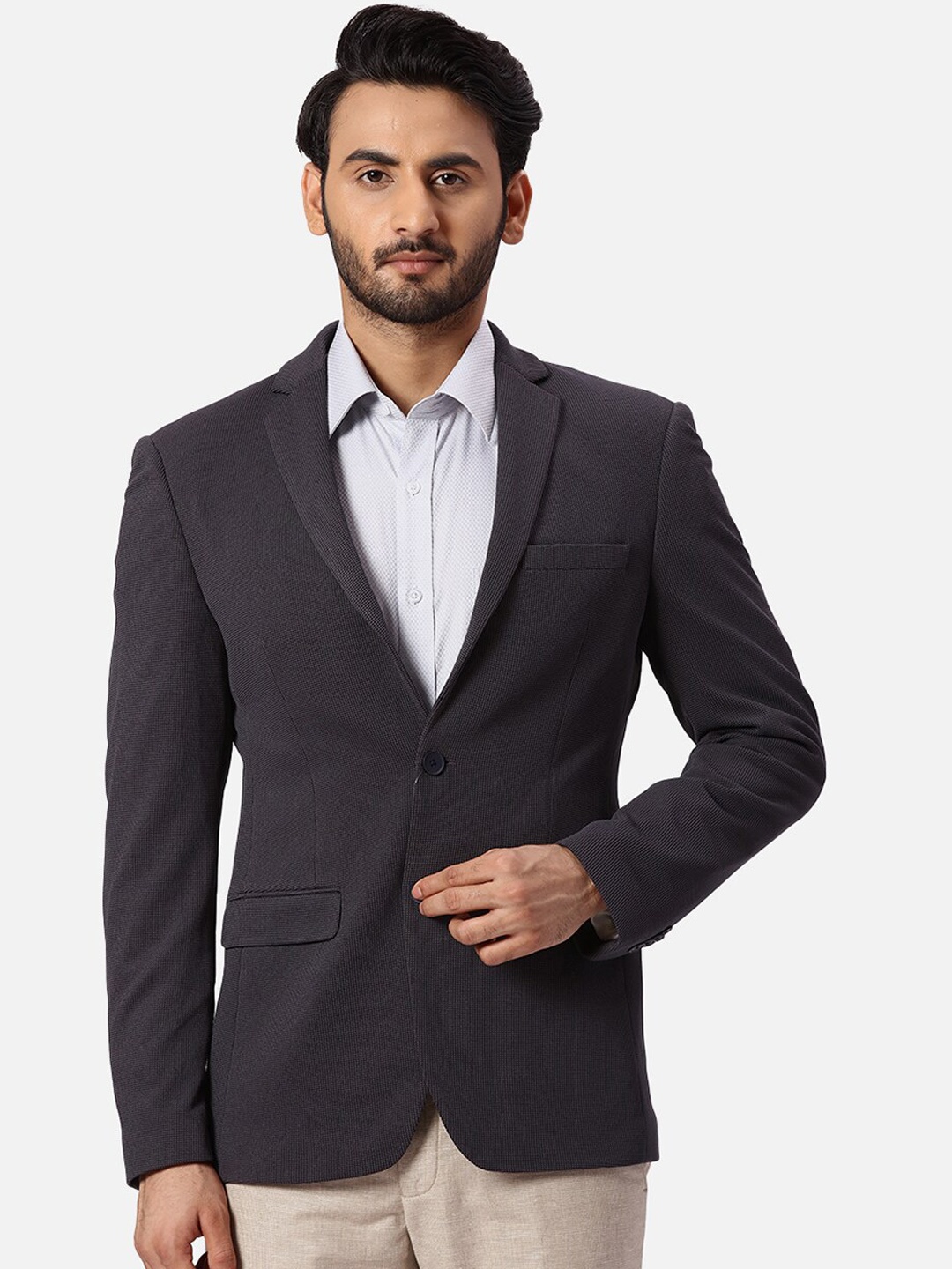 

Park Avenue Self Design Super Slim-Fit Single Breasted Formal Blazer, Grey