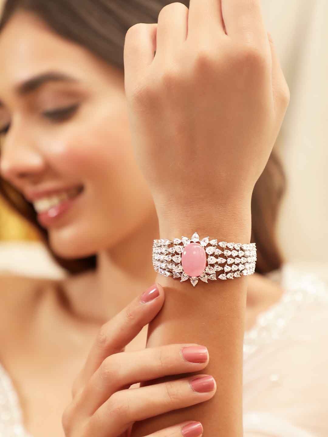 

Rubans Rhodium Plated Marquise Crystal CZ & Pastel Pink Gemstone Studded Luxury Bracelet, Silver