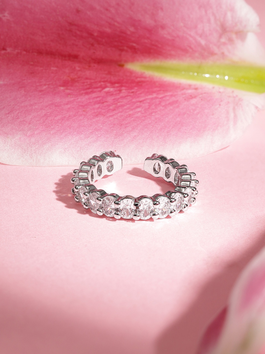 

Rubans Rhodium Plated Adjustable Finger Ring with Cubic Zirconia Stones, Silver