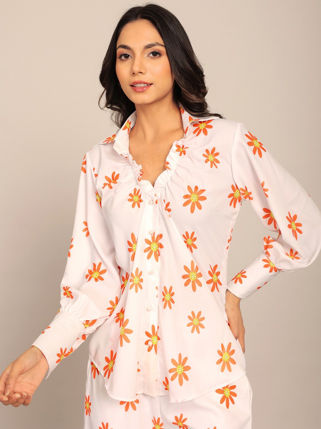 

KAORI BY SHREYA AGARWAL Bliss Floral Printed Comfort Opaque Casual Top, White