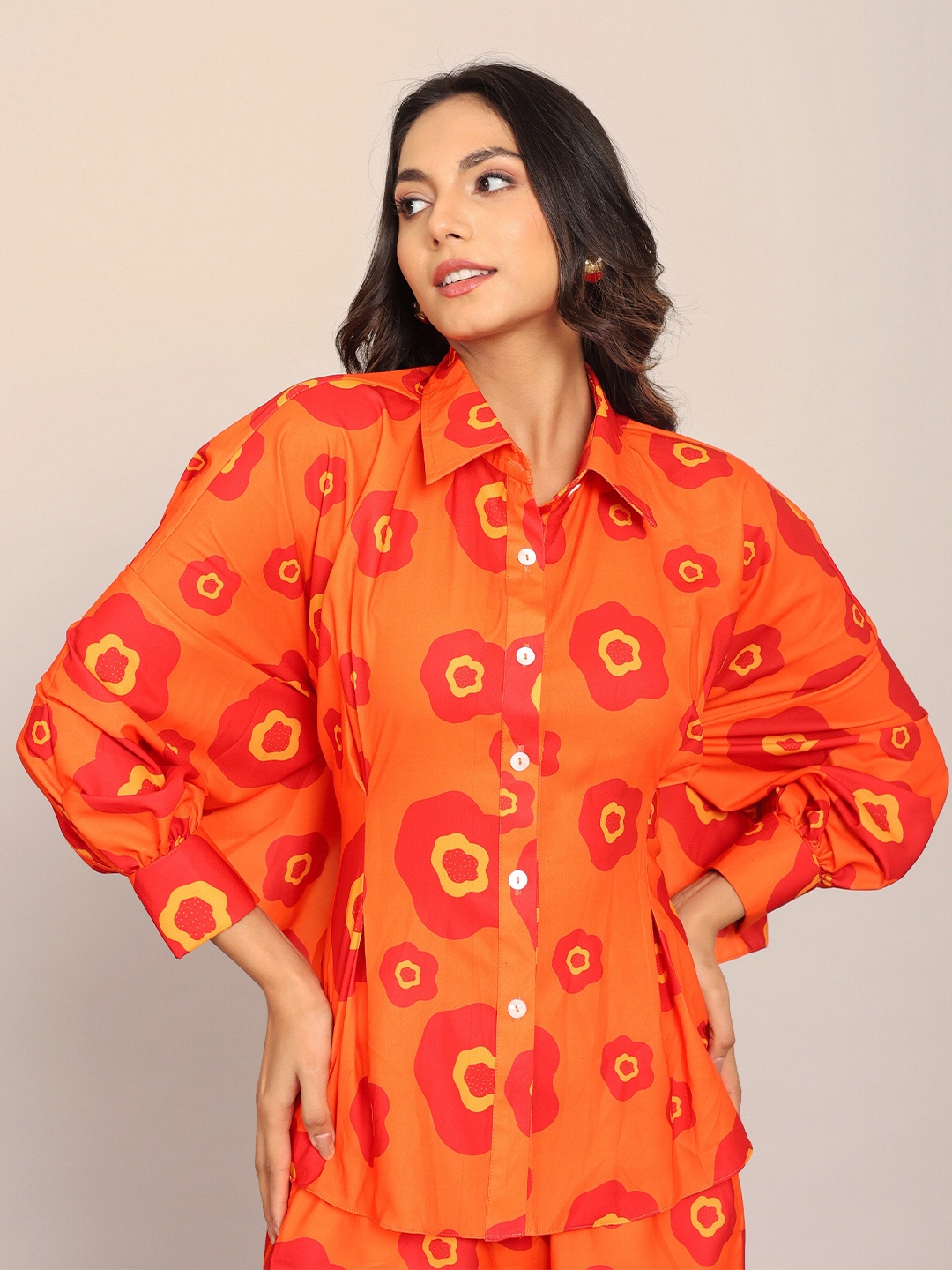 

KAORI BY SHREYA AGARWAL Bliss Comfort Opaque Floral Printed Relaxed Casual Shirt With Belt, Orange