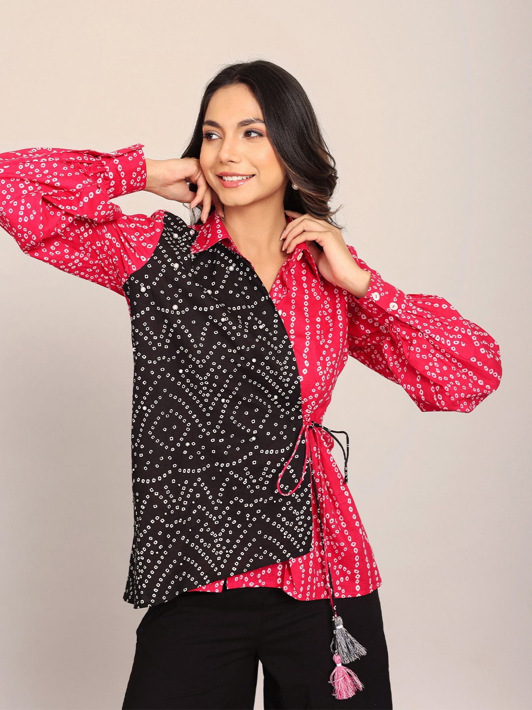 

KAORI BY SHREYA AGARWAL Bliss Bandhej Printed Cotton Opaque Wrap Top, Pink