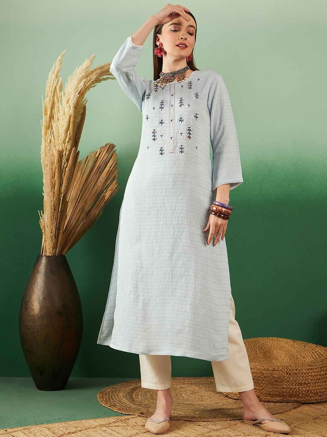 

Sangria Embroidered Round Neck Three-Quarter Sleeves Thread Work Straight Kurta, Blue