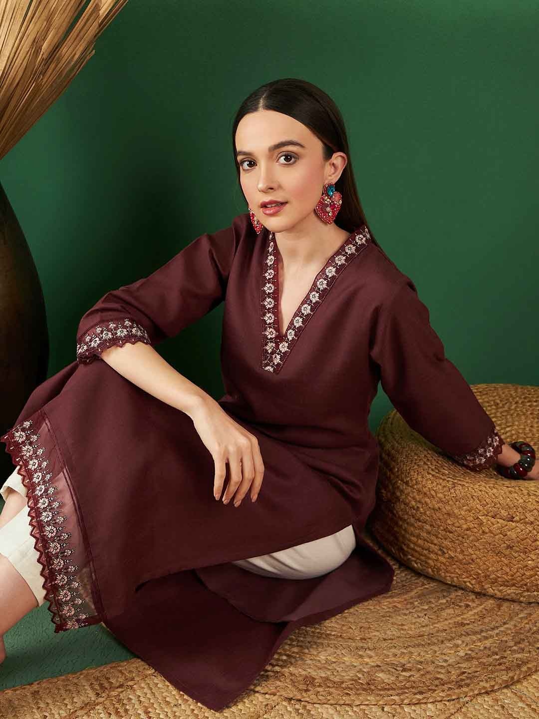 Sangria Embroidered V Neck Three-Quarter Sleeves Thread Work Straight Kurta, Coffee brown