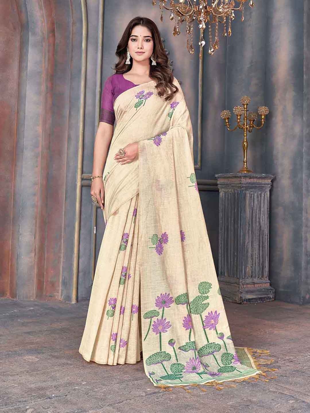 

V3 FASHION STUDIO Woven Design Floral Printed Pure Cotton Banarasi Saree With Tassels, Cream