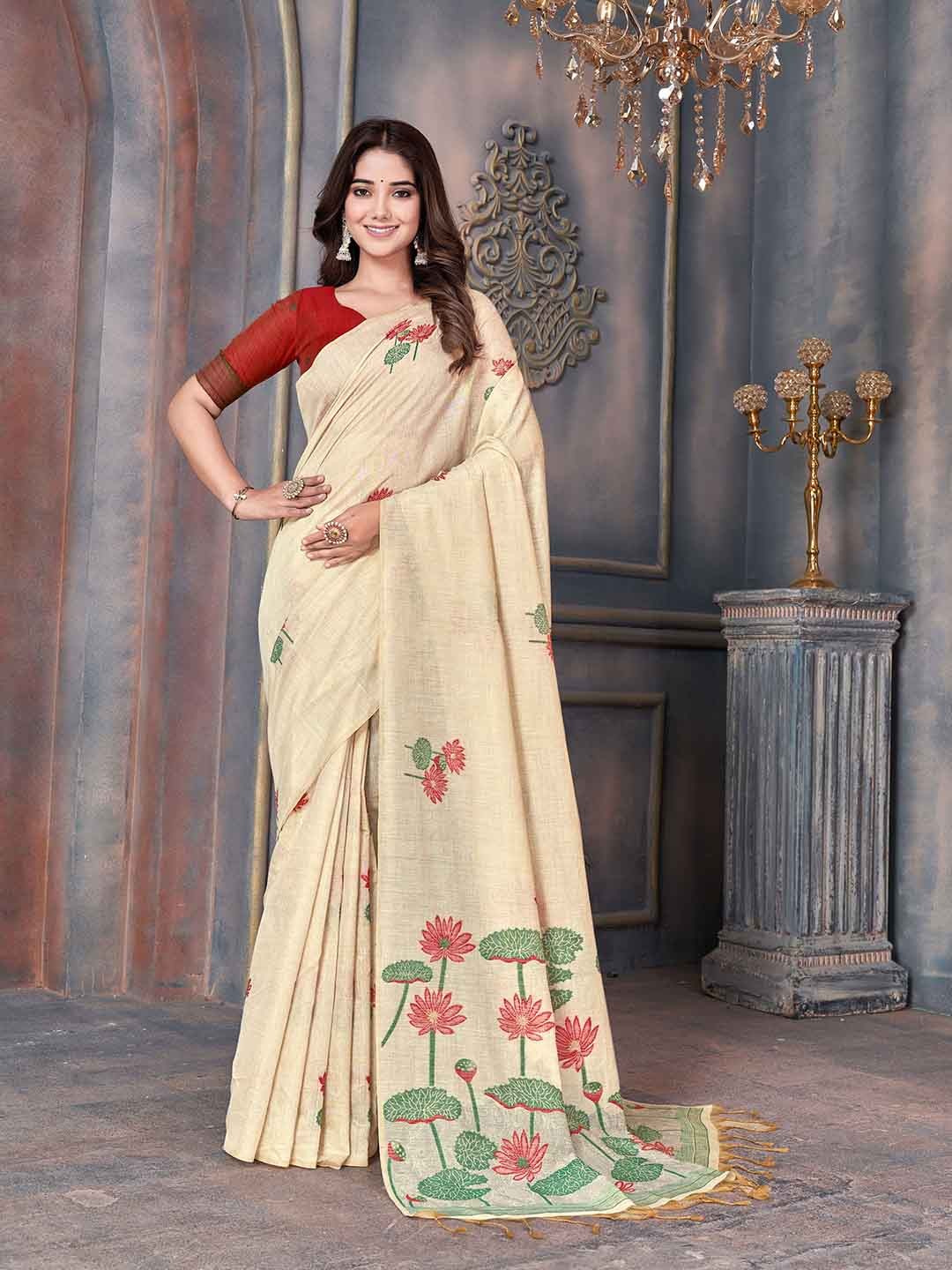 

V3 FASHION STUDIO Woven Design Floral Printed Pure Cotton Banarasi Saree With Tassels, Cream