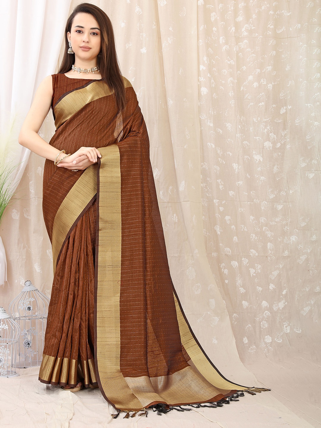 

V3 FASHION STUDIO Woven Design Zari Pure Silk Banarasi Saree With Tassels, Brown