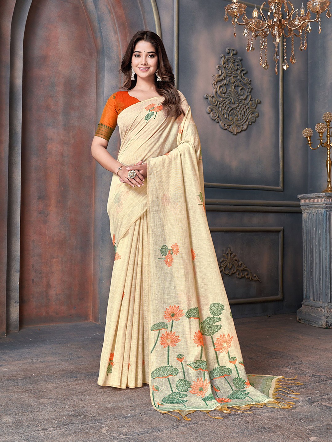 

V3 FASHION STUDIO Woven Design Floral Printed Pure Cotton Banarasi Saree With Tassels, Beige